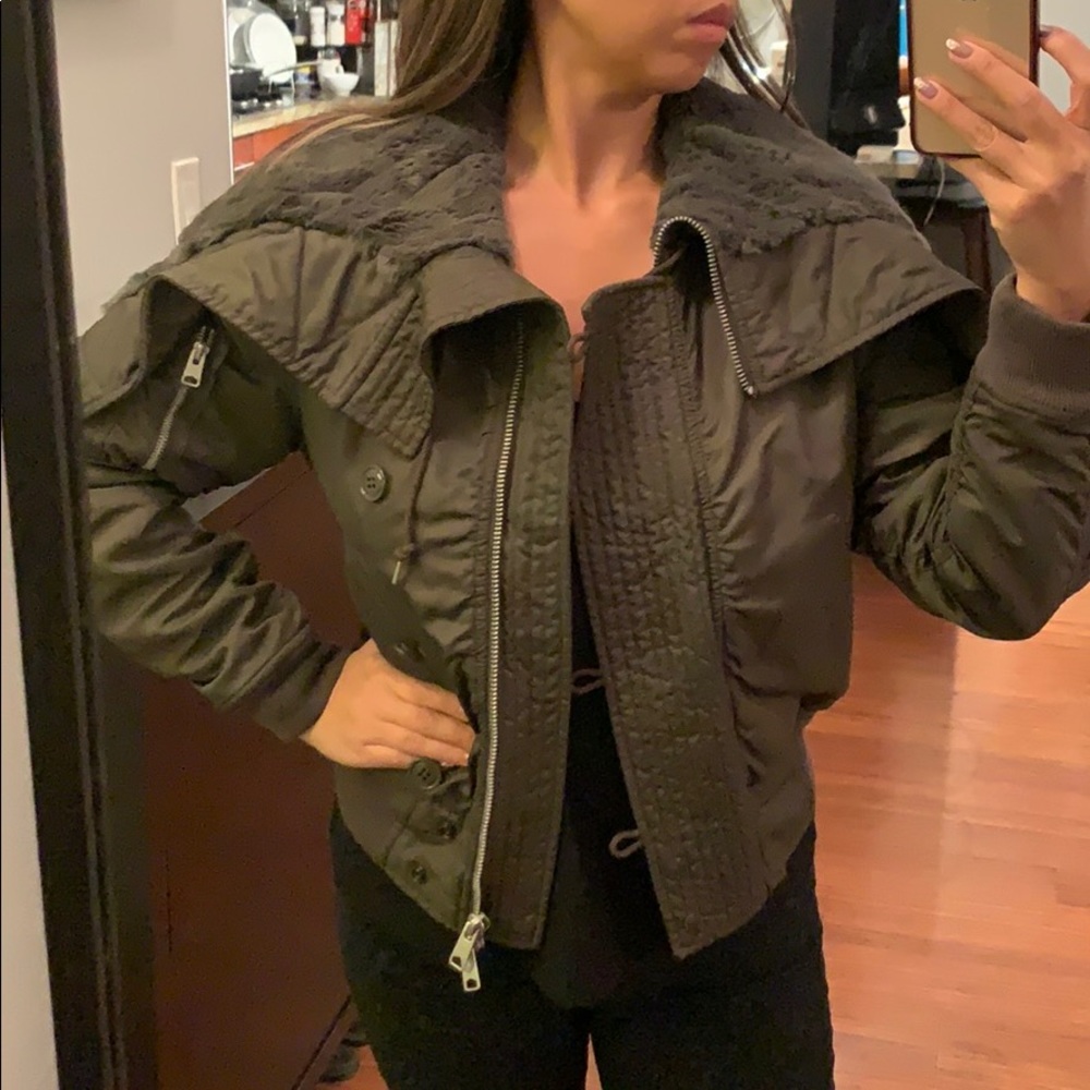 All Saints Green Jacket w Faux Sherpa Lined Hood